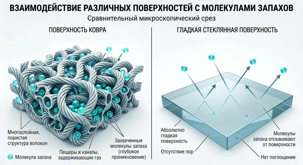 Схема впитывания запахов: молекулы застревают глубоко в ворсе ковра и отскакивают от гладкого стекла
