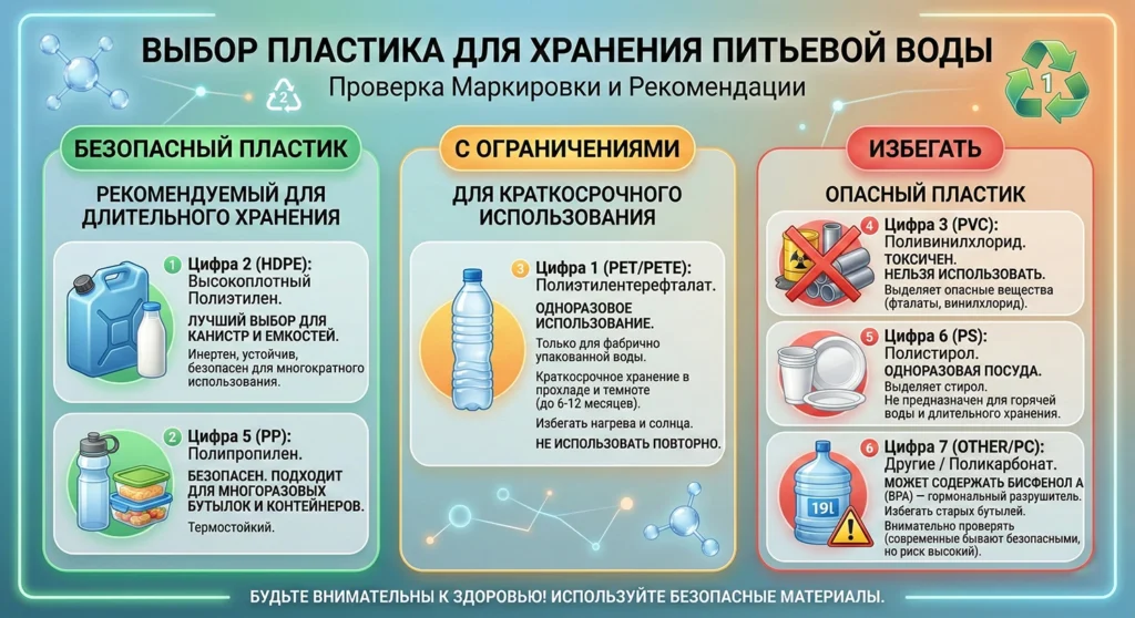 Инфографика с расшифровкой маркировки пластика (цифры 1, 2, 3, 5, 6, 7) по степеням безопасности для хранения питьевой воды.